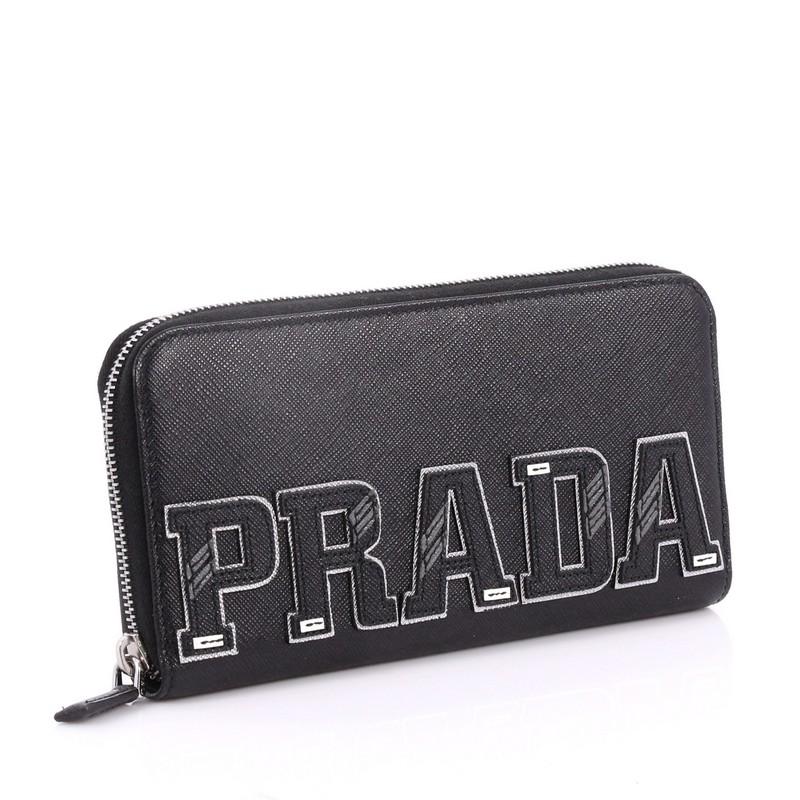Black Prada Patches Zip Wallet Saffiano Leather