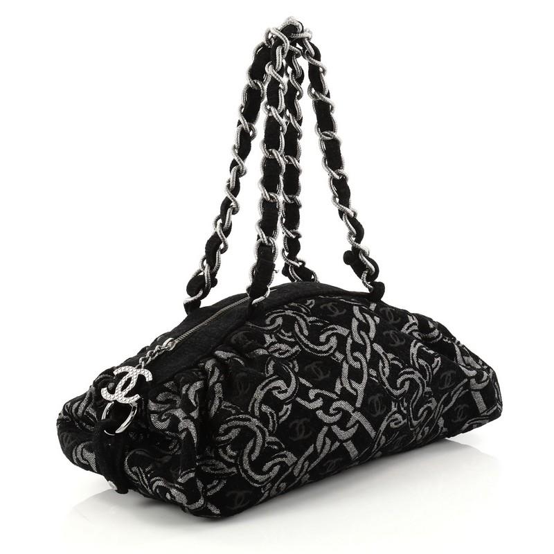 Black Chanel Zip Bowler Bag Chain Print Tweed Large