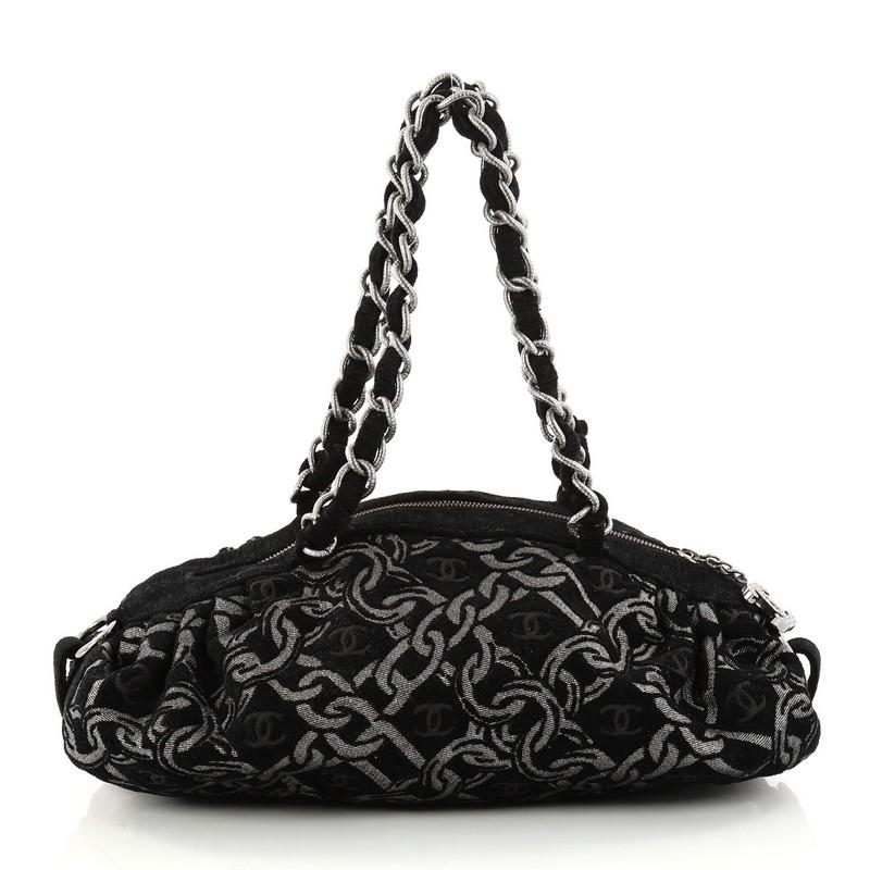 Chanel Zip Bowler Bag Chain Print Tweed Large In Good Condition In NY, NY