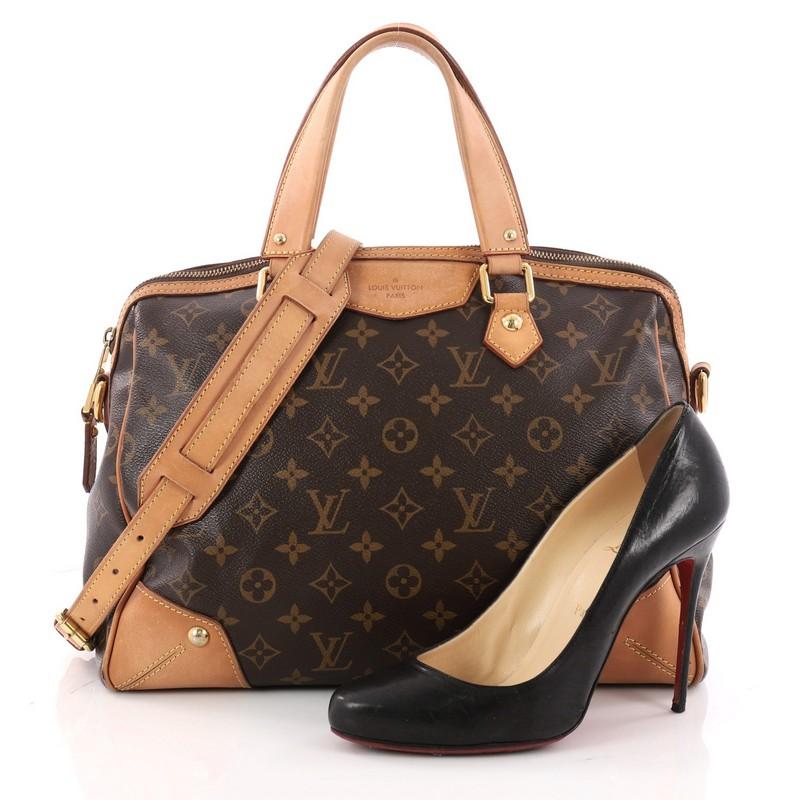 This authentic Louis Vuitton Retiro Handbag Monogram Canvas PM is classic and sophisticated perfect for everyday use. Crafted in brown monogram coated canvas, this understated city satchel features vachetta leather handles and trims, gold studs,