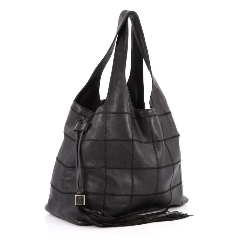 Black Chanel Square Stitch Tassel Hobo Quilted Leather Large