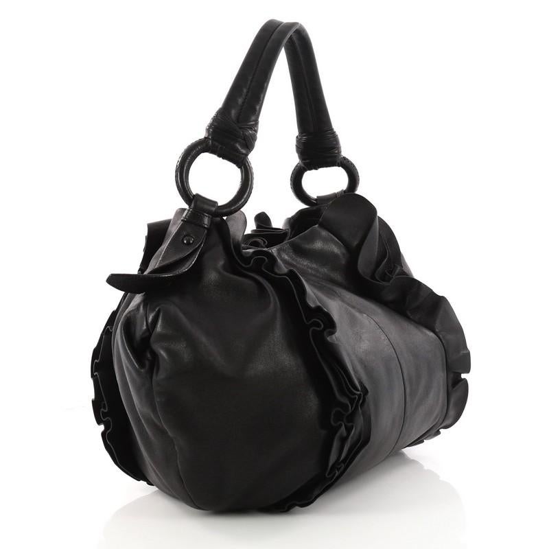 Black Prada Ruffle Hobo Nappa Leather Large