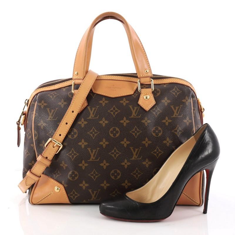 This authentic Louis Vuitton Retiro Handbag Monogram Canvas PM is classic and sophisticated, perfect for everyday use. Crafted in brown monogram coated canvas, this understated city satchel features vachetta leather handles and trims, gold studs,