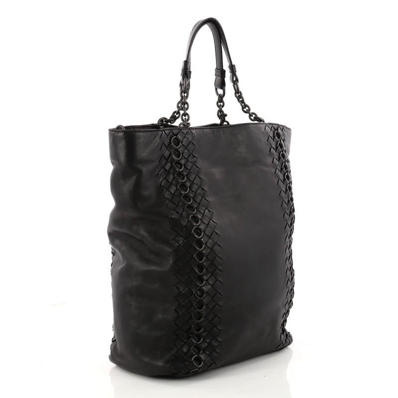 Black  Bottega Veneta Convertible Chain Tote Leather with Intrecciato Detail Medium