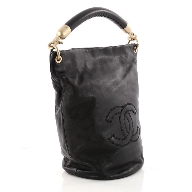 Black Chanel Vintage CC Handle Bucket Bag Leather Large