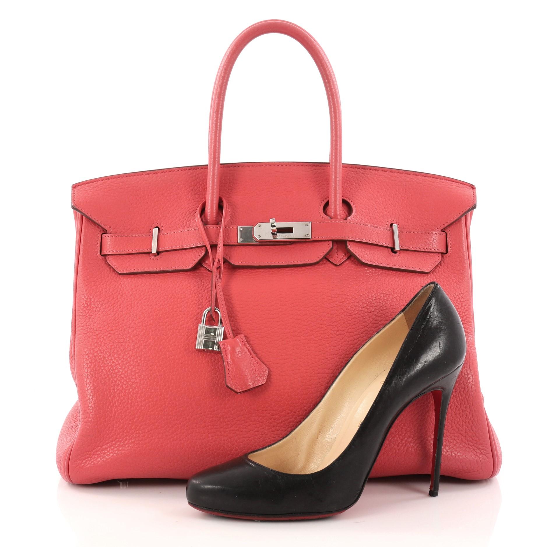 This authentic Hermes Birkin Handbag Bougainvillea Clemence with Palladium Hardware 35 is synonymous to traditional Hermes luxury. Crafted with sturdy, scratch-resistant Bougainvillea clemence leather, this eye-catching luxurious tote is accented
