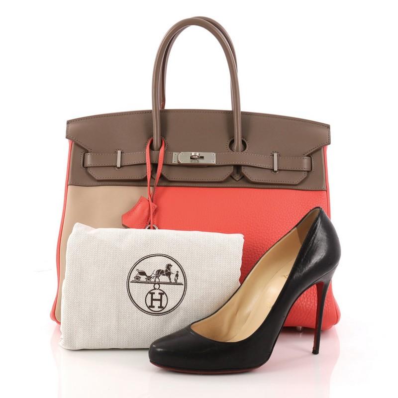 This authentic Hermes Birkin Handbag Tricolor Clemence and Swift with Brushed Palladium Hardware 35 stands as one of the most-coveted bags. Constructed in Etoupe, Argile & Rose Jaipur clemence and swift leather, this stand-out tote features