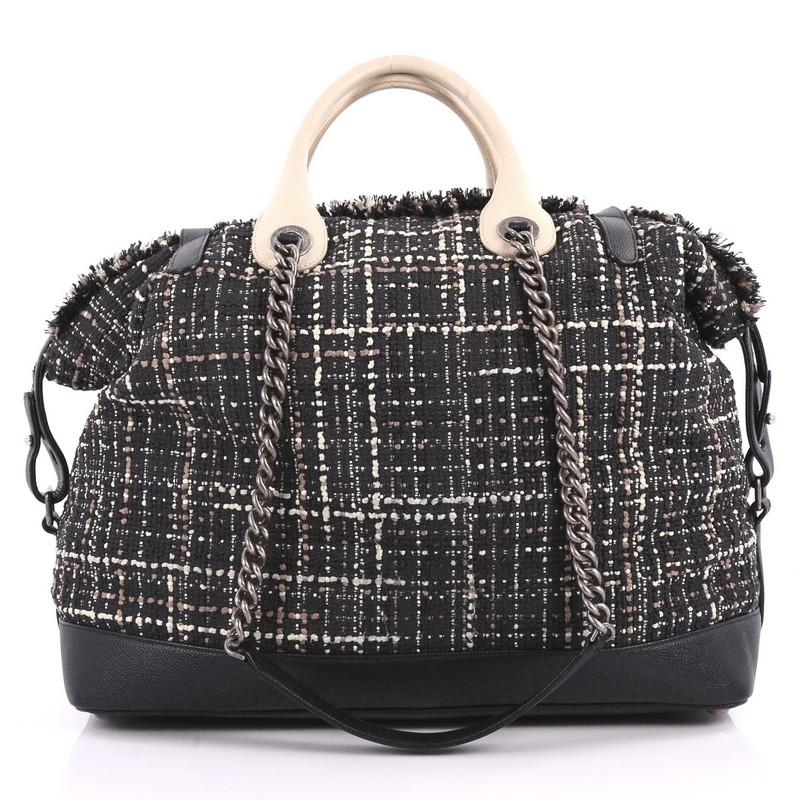Black Chanel Crest Trip Bowling Bag Patch Embellished Tweed and Grained Calfskin Large