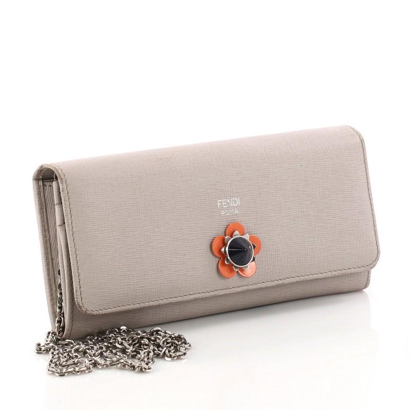 Brown Fendi Continental Wallet on Chain Flower Studded Leather