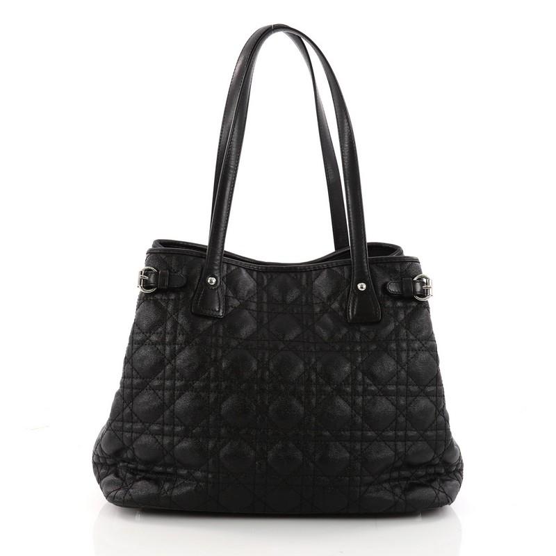 Black Christian Dior Panarea Tote Cannage Quilt Canvas Small