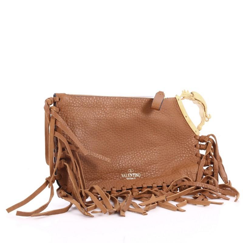 Brown Valentino C-Rockee Handle Fringe Clutch Leather Small