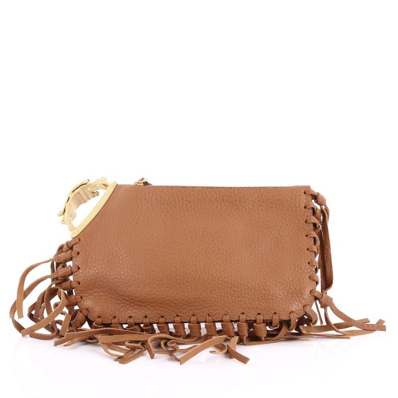 Valentino C-Rockee Handle Fringe Clutch Leather Small In Good Condition In NY, NY