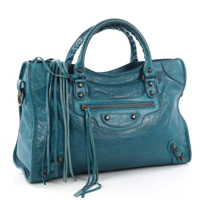 Blue  Balenciaga City Classic Studs Handbag Leather Medium