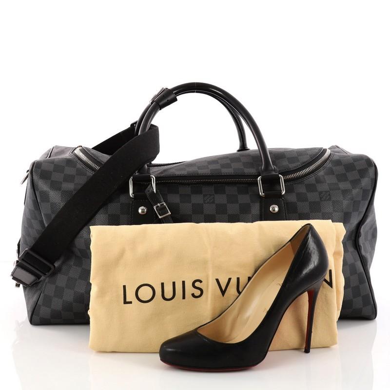 This authentic Louis Vuitton Roadster Handbag Damier Graphite presents a modern luxurious design perfect for weekend trip or light travel. Crafted with the iconic Louis Vuitton damier graphite coated canvas, this luxurious travel-sized bag features