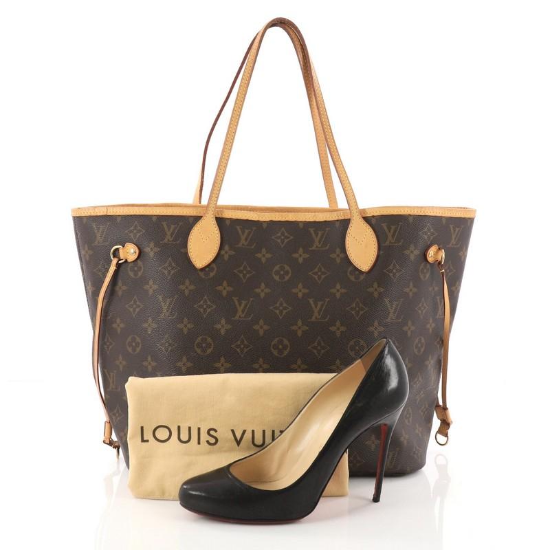 This authentic Louis Vuitton Neverfull Tote Monogram Canvas MM is a perfect companion for daily excursions. Crafted from signature brown monogram coated canvas, this easy-to-carry tote features natural cowhide leather trim, dual tall handles, side