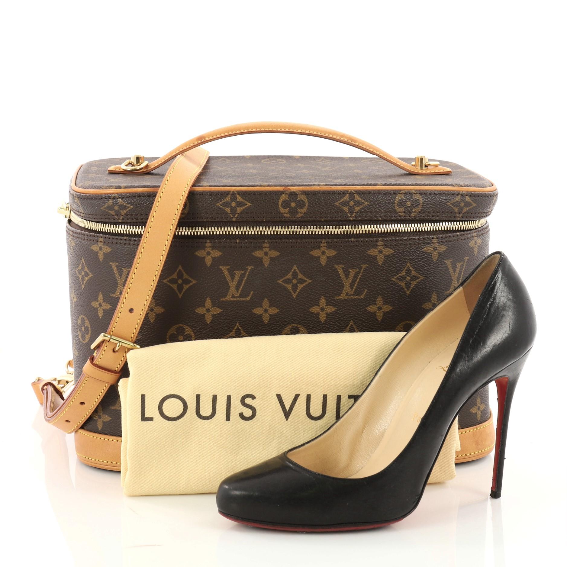 This authentic Louis Vuitton Nice Train Case Monogram Canvas is a perfect travel companion for an on-the-go fashionista. Crafted from brown monogram coated canvas, this boxy travel bag features vachetta leather flat handle and trims and gold-tone