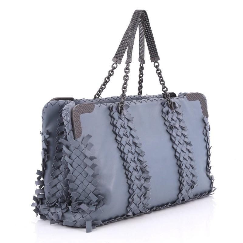 Gray Bottega Veneta Chain Tote Leather with Fringe Intrecciato Detail Large