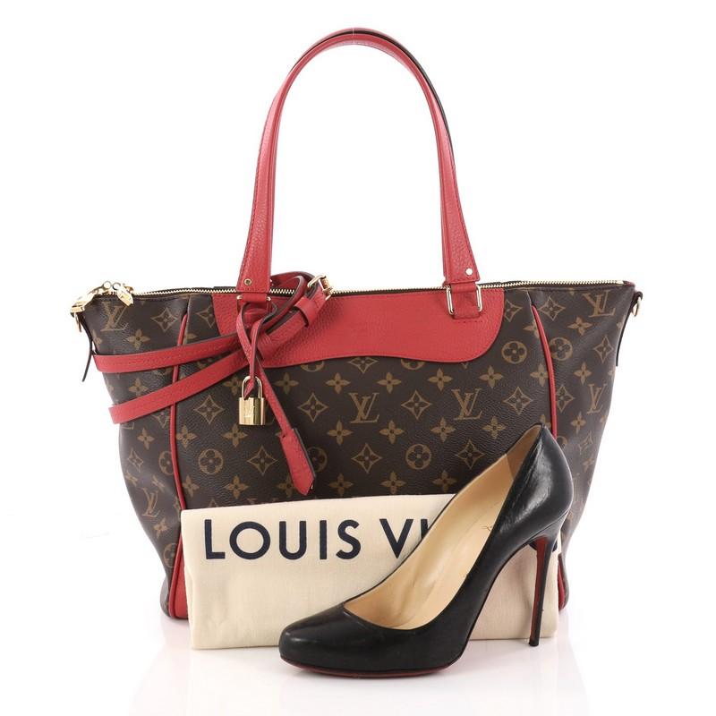 This authentic Louis Vuitton Estrela NM Handbag Monogram Canvas is an elegant and sophisticated everyday tote beloved by many. Constructed from Louis Vuitton's signature brown monogram coated canvas and with red calfskin leather trims, this city