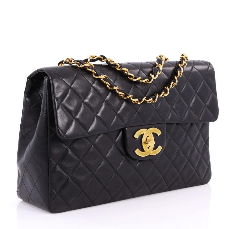 Black Chanel Vintage Classic Single Flap Bag Quilted Lambskin Maxi