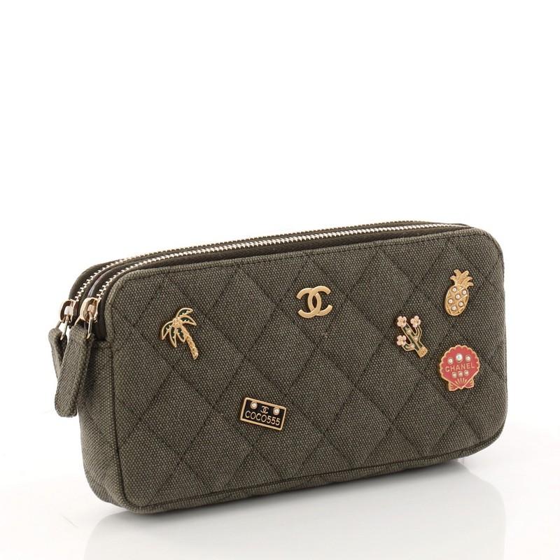 Black Chanel Cuba Charms Double Zip Clutch with Chain Quilted Canvas