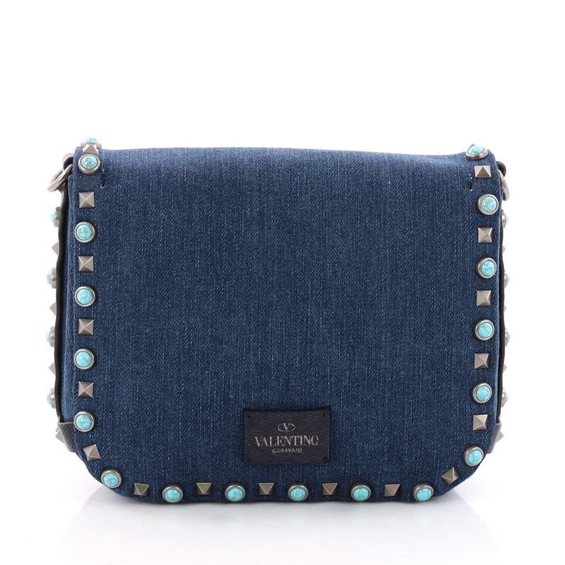 Valentino Rolling Rockstud Crossbody Bag Denim with Cabochons Small In Excellent Condition In NY, NY