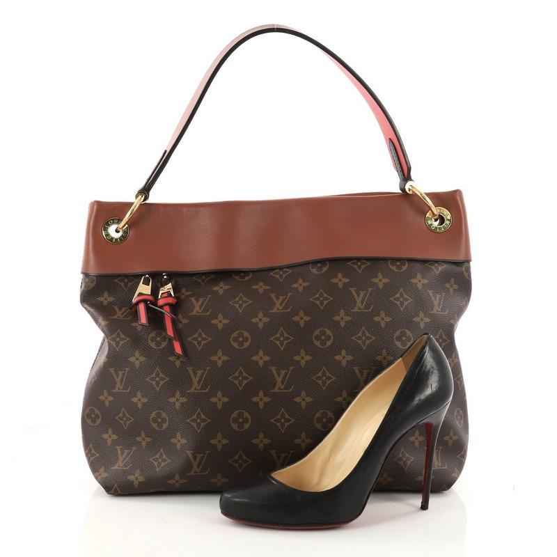 This authentic Louis Vuitton Tuileries Hobo Monogram Canvas with Leather is inspired by the Tuileries Gardens in Paris. Crafted in brown monogram coated canvas and brown leather, this ultra-functional bag features a flat leather handle, exterior