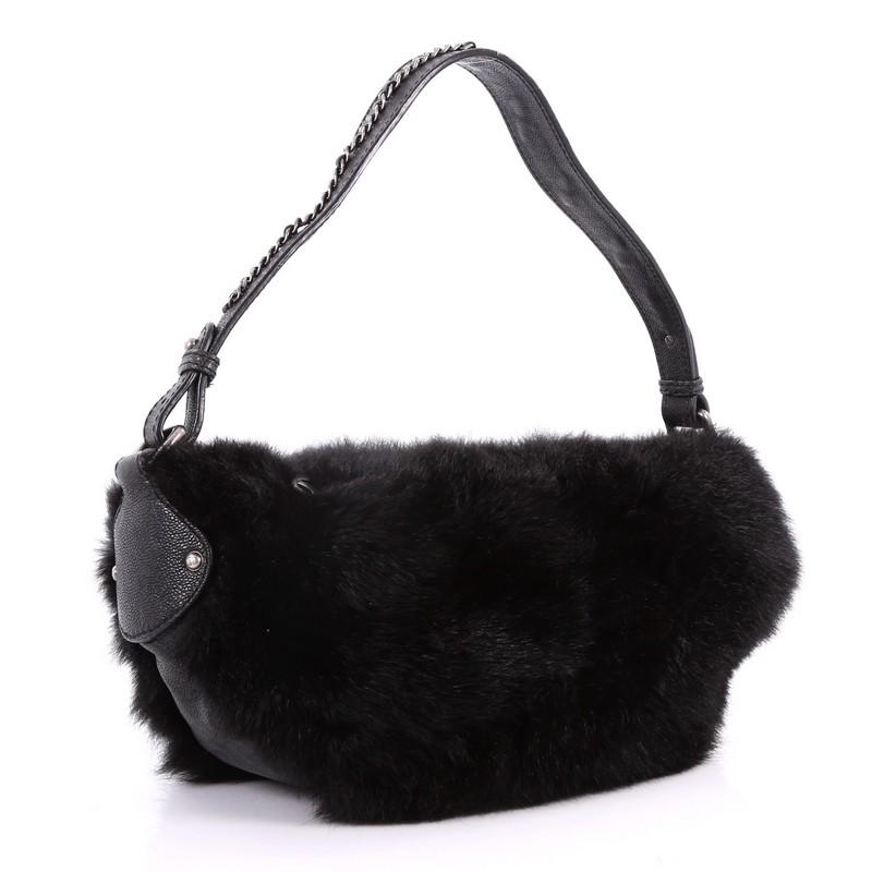 Black Chanel Outdoor Ligne Hobo Fur with Leather Medium