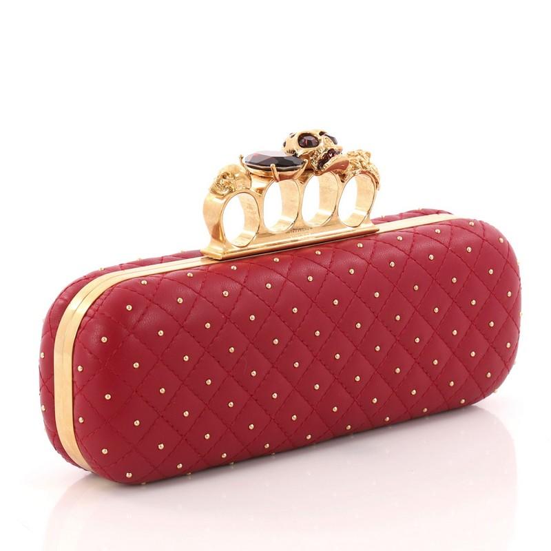 Red Alexander McQueen Knuckle Box Clutch Studded Quilted Leather Long