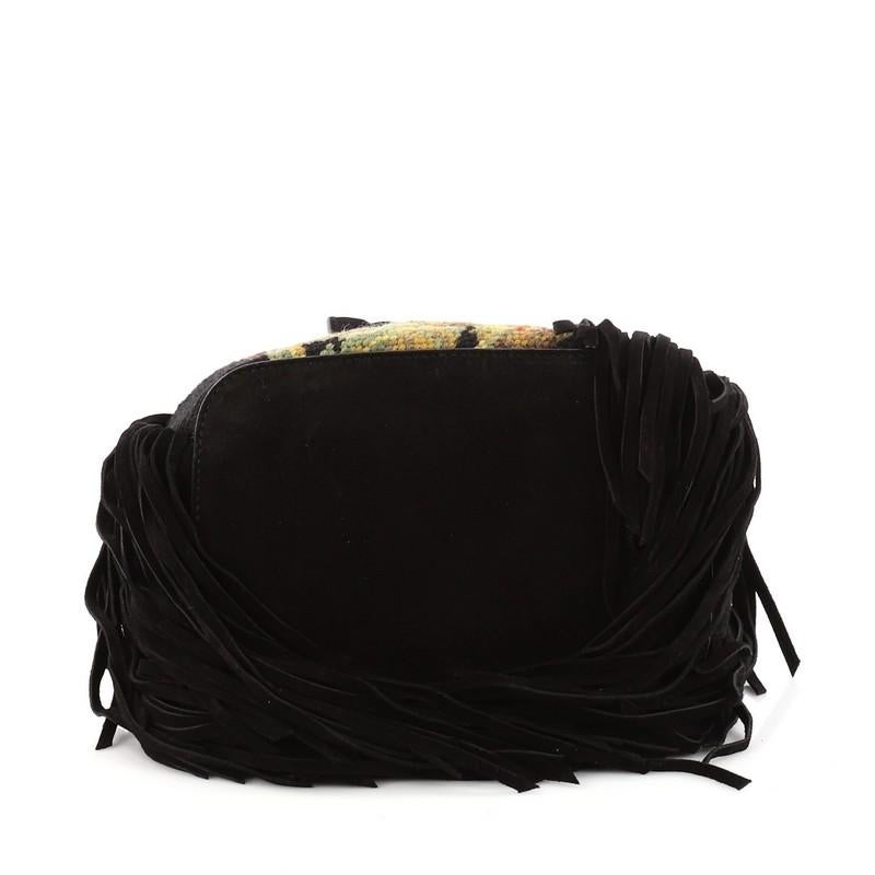 Black  Ralph Lauren Collection Drawstring Bucket Bag Embroidered Wool with Fringe Smal