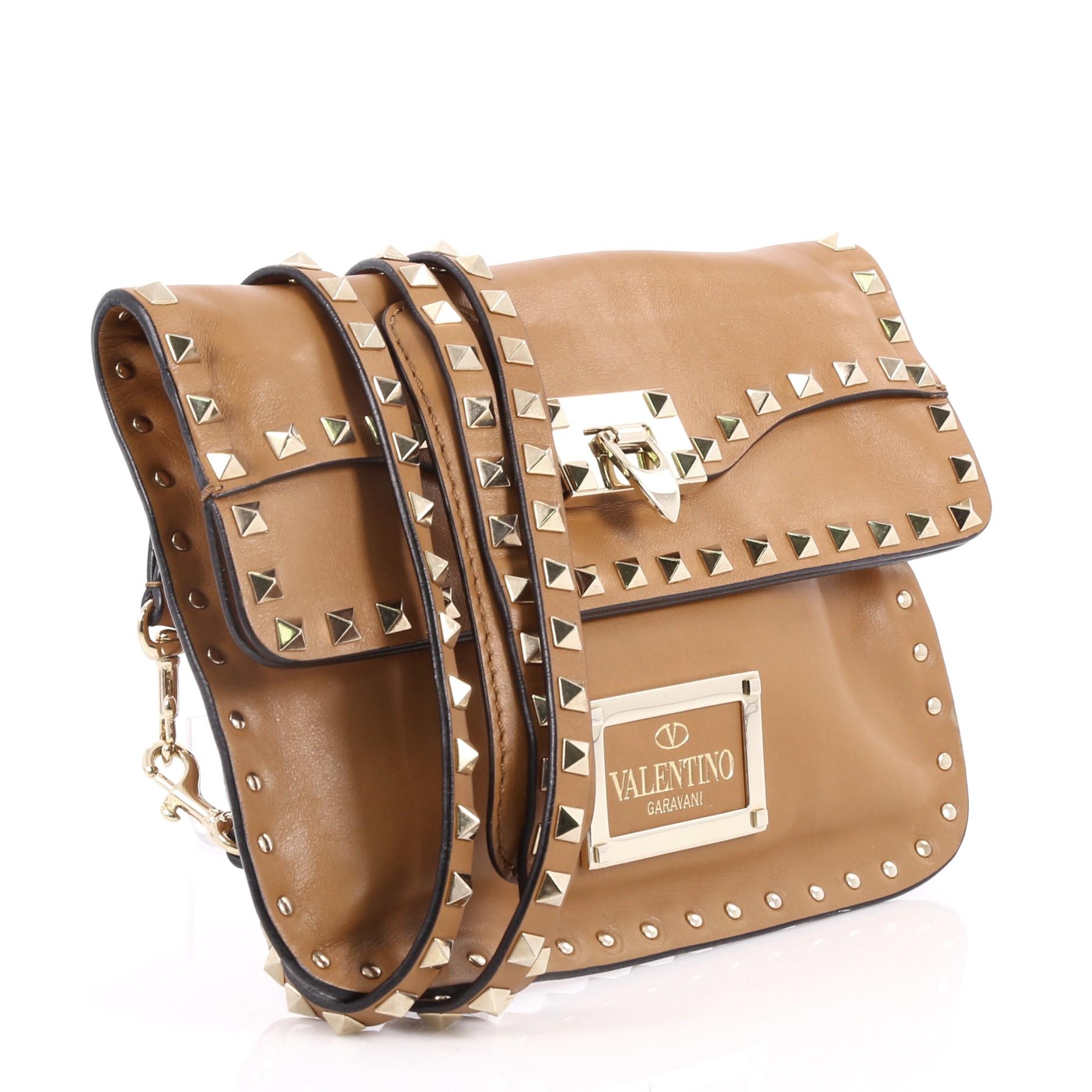 Brown Valentino Rockstud Foldover Convertible Shoulder Bag Leather