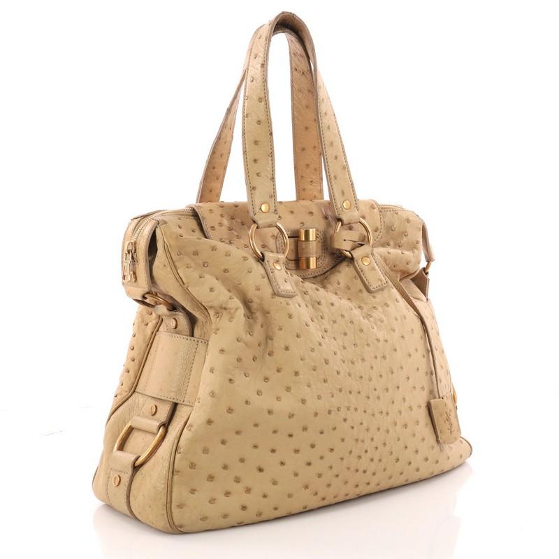 Beige Saint Laurent Rive Gauche Satchel Ostrich Large