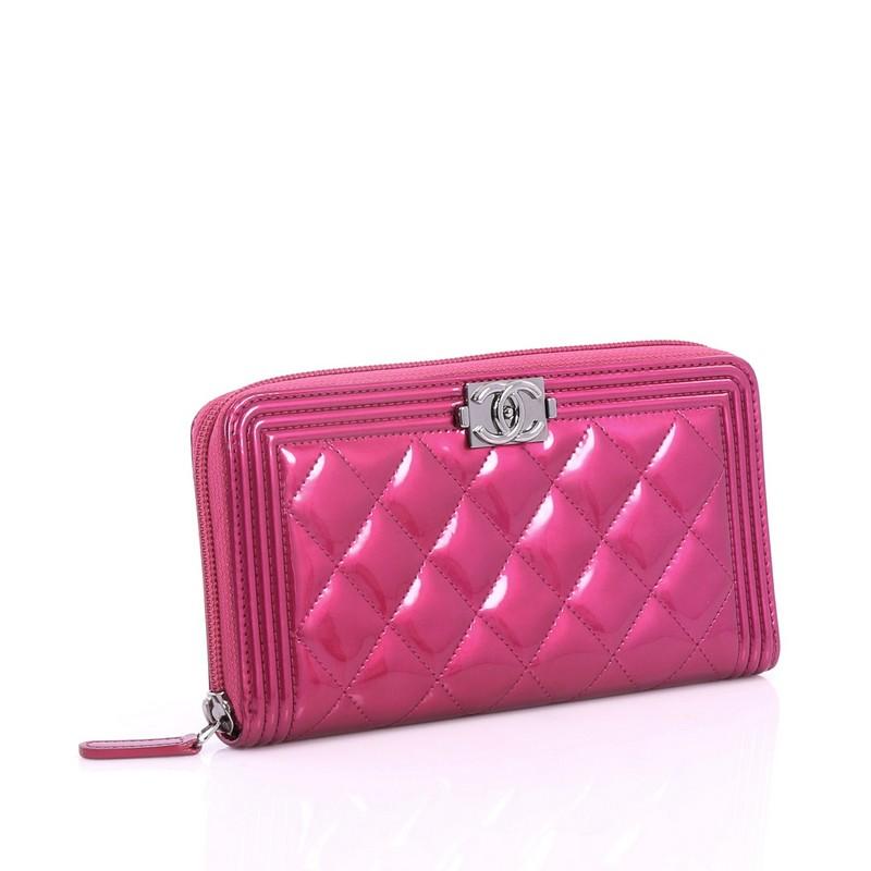 Red Chanel Boy L-Gusset Zip Wallet Quilted Patent Long
