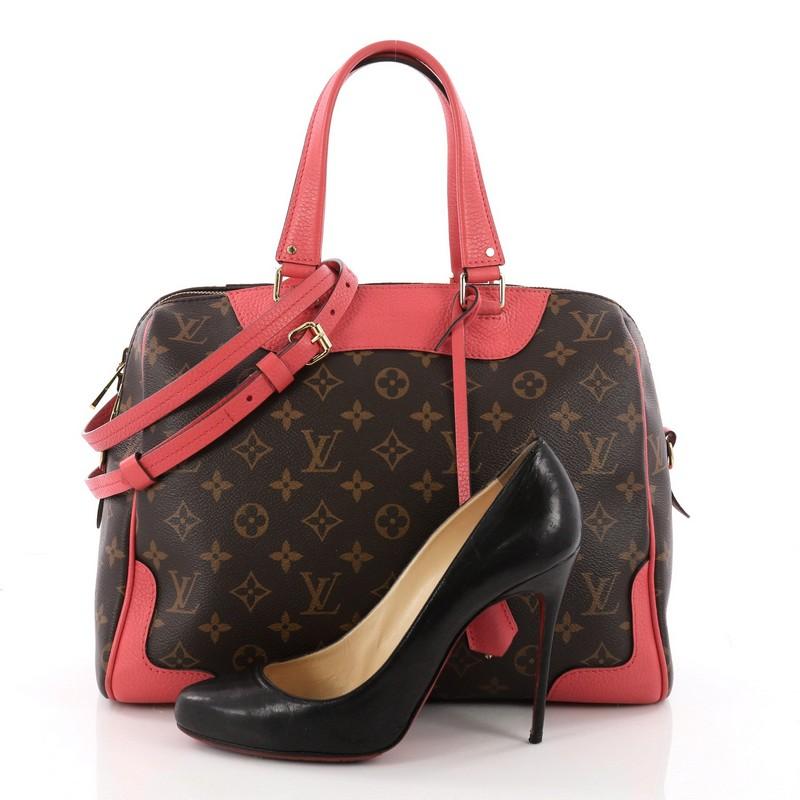 This authentic Louis Vuitton Retiro NM Handbag Monogram Canvas exudes timeless style with modern edge. Crafted from brown monogram coated canvas with cherry red leather trims, this bag features dual-flat leather handles, detachable, adjustable