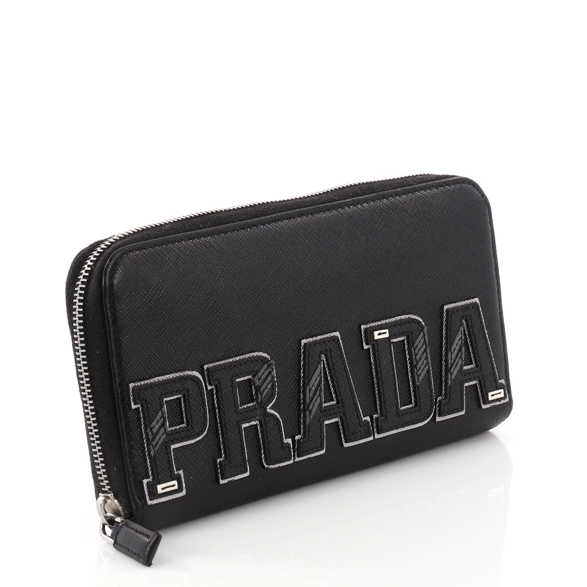 Black Prada Patches Zip Wallet Saffiano Leather
