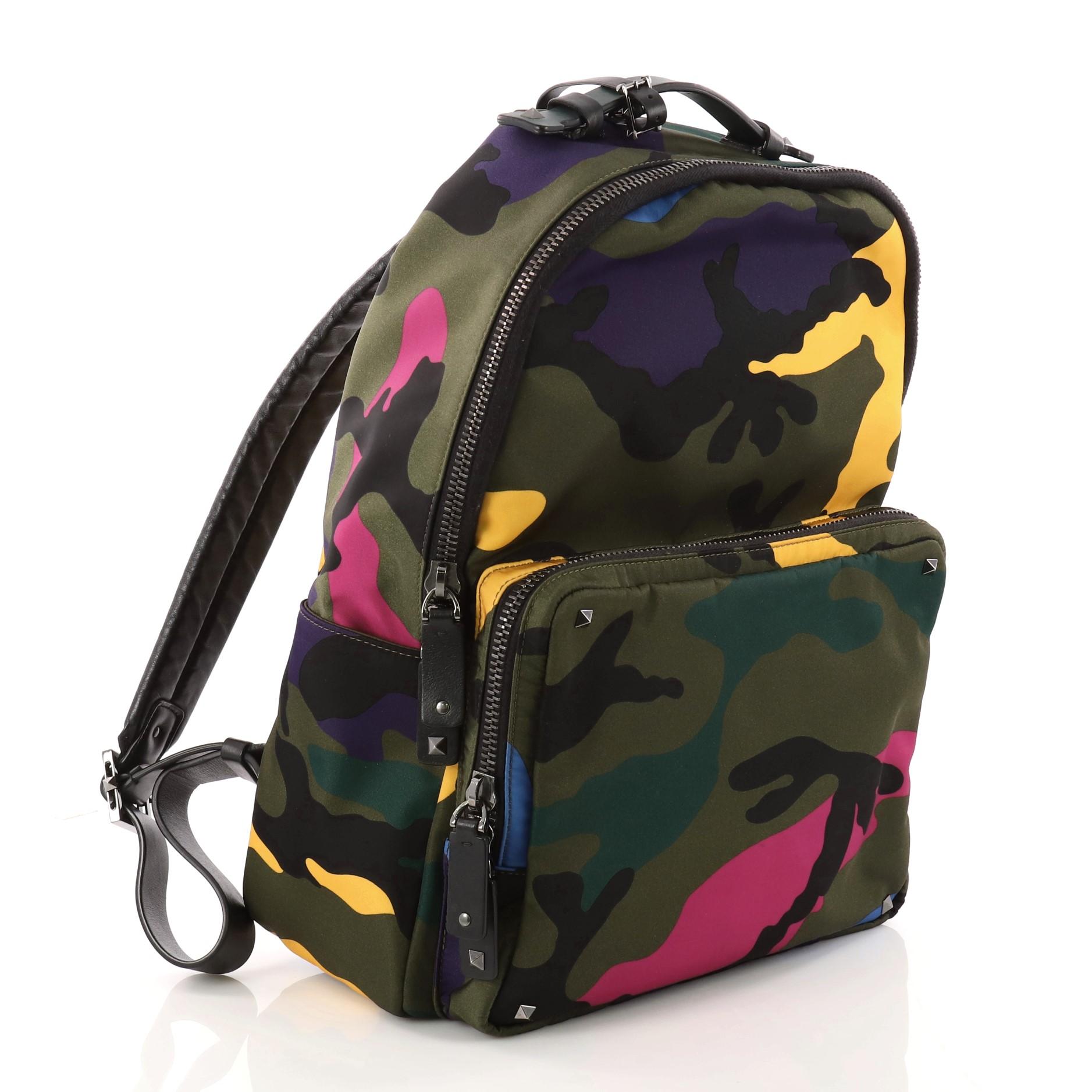 Black Valentino Camouflage Backpack Nylon and Leather Large