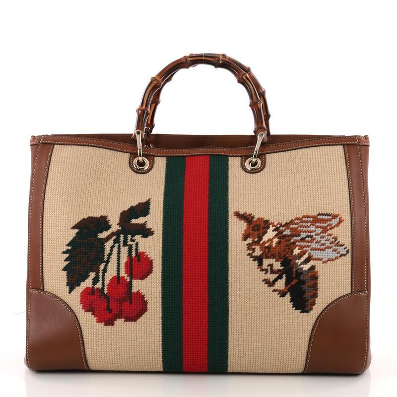  Gucci Bamboo Shopper Tote Needle Point Textile Large In Excellent Condition In NY, NY