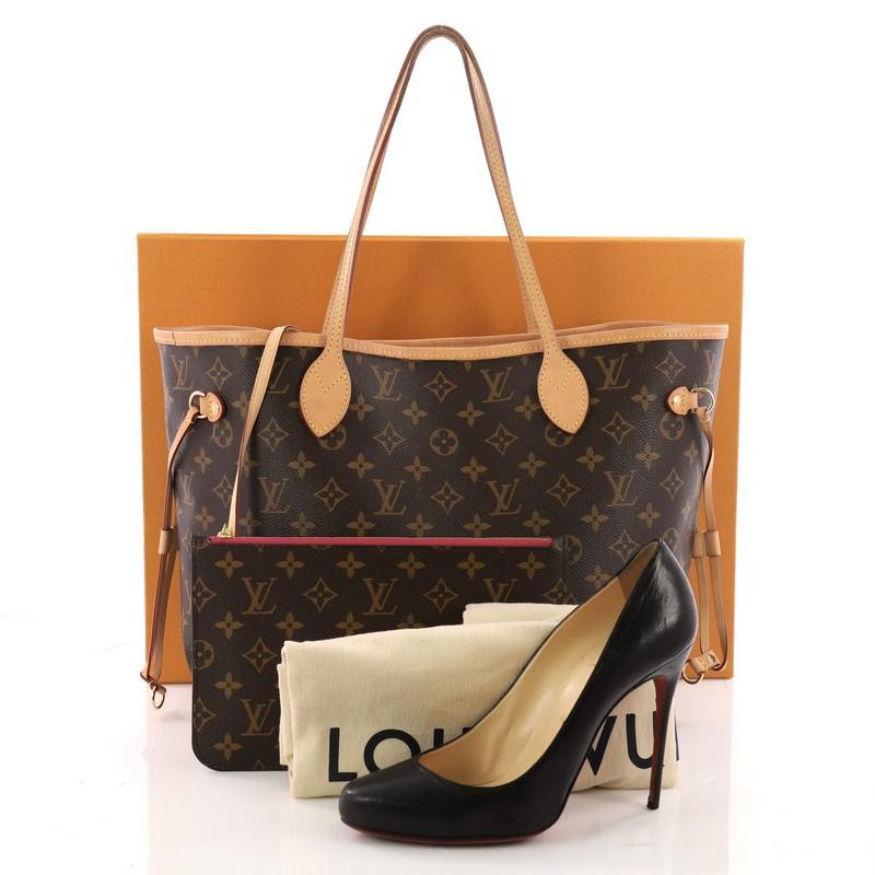 This authentic Louis Vuitton Neverfull NM Tote Monogram Canvas MM is a perfect companion for daily excursions. Crafted from signature brown monogram coated canvas, this iconic easy-to-carry bag features natural cowhide leather trims, dual tall