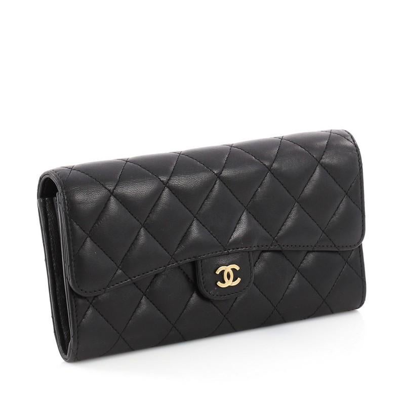 Black Chanel CC Gusset Classic Flap Wallet Quilted Lambskin Long
