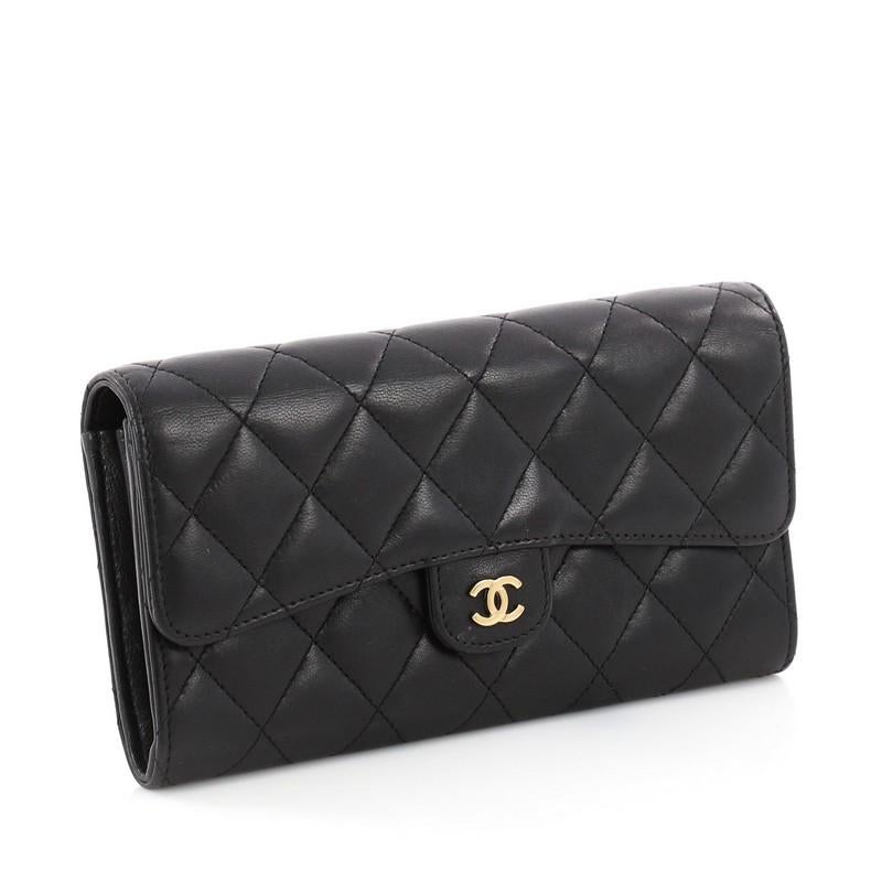 Black Chanel CC Gusset Classic Flap Wallet Quilted Lambskin Long