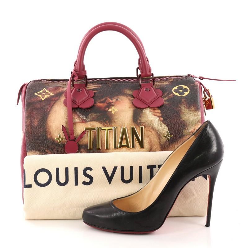 This authentic Louis Vuitton Speedy Handbag Limited Edition Jeff Koons Titian Print Canvas 30 is the perfect bag to express the uniqueness of this Masters Collection’s piece of art. Crafted from maroon Titian printed coated canvas, this trendy bag