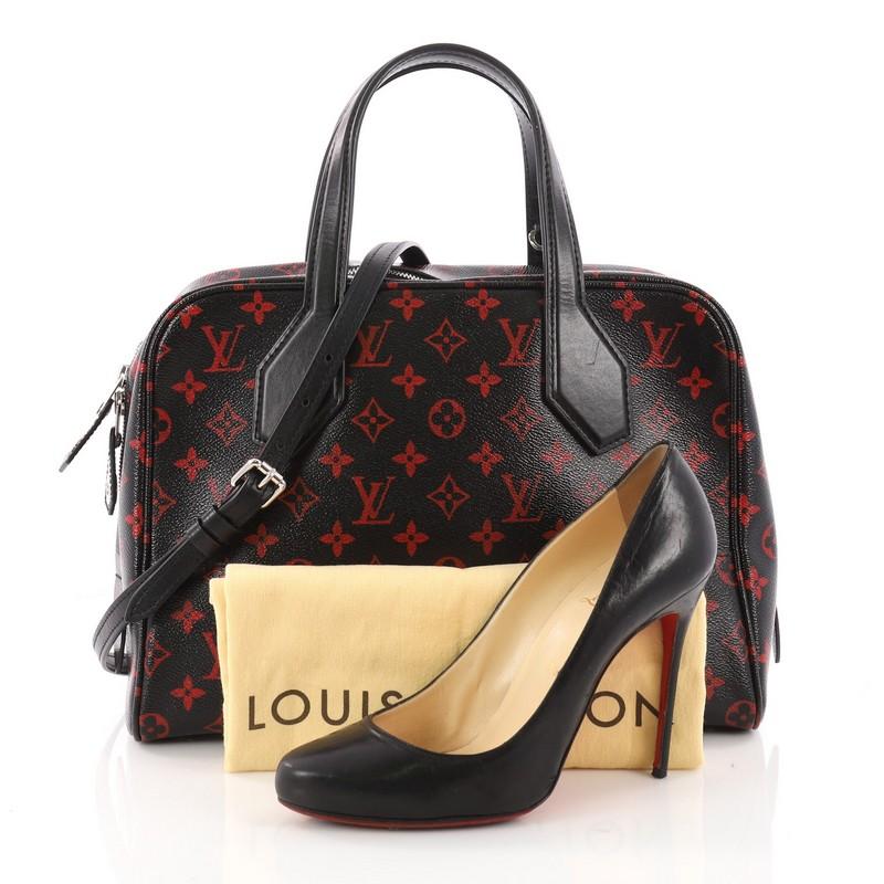 This authentic Louis Vuitton Dora Soft Handbag Limited Edition Monogram Infrarouge MM is an edgy update from Louis Vuitton Creative Director, Nicolas Ghesquiere. Crafted from glossy red and black monogram coated canvas with black calf leather trims,