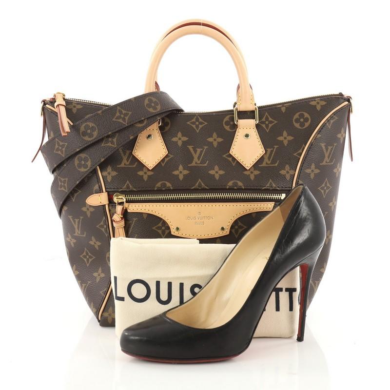 This authentic Louis Vuitton Tournelle Tote Monogram Canvas PM is a modern carryall for work and play. Crafted in brown monogram coated canvas with vachetta leather trims, this chic bag features dual-rolled leather handles, exterior zip pocket,
