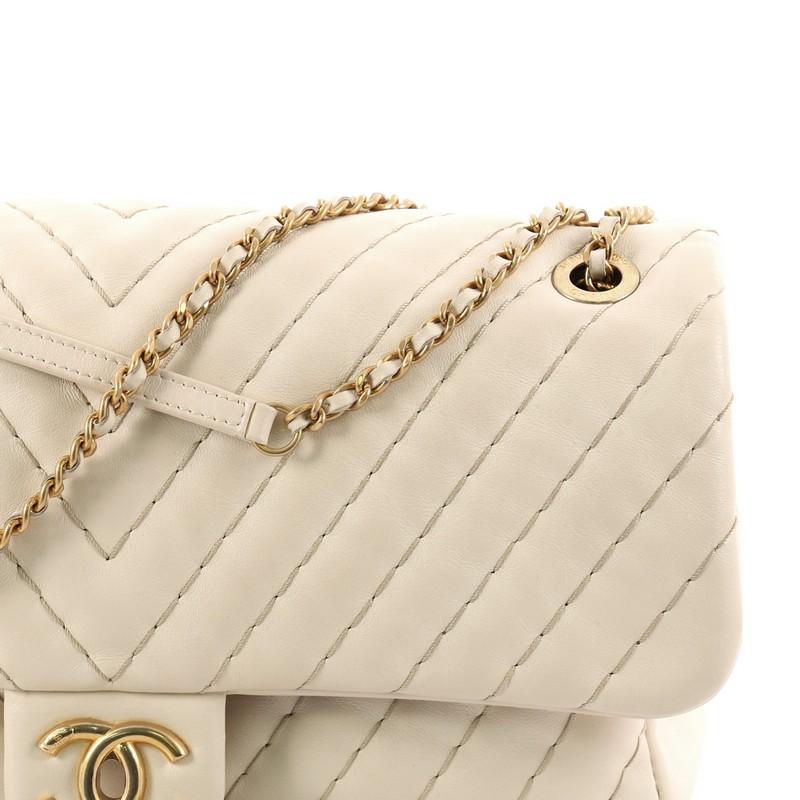 White Chanel Medallion Charm Flap Bag Chevron Calfskin Jumbo