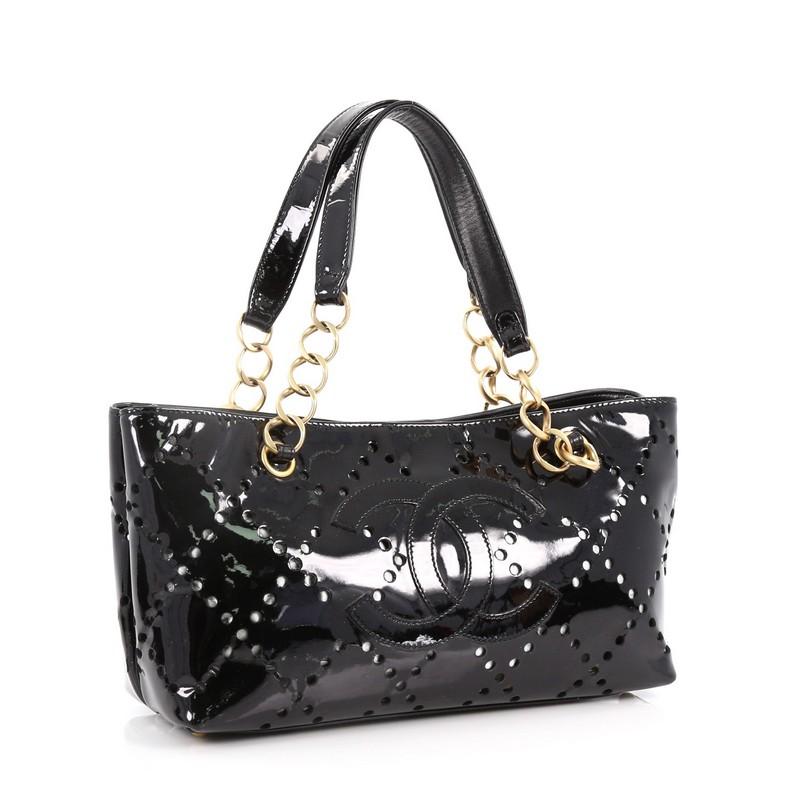 Black Chanel CC Chain Tote Perforated Patent Small
