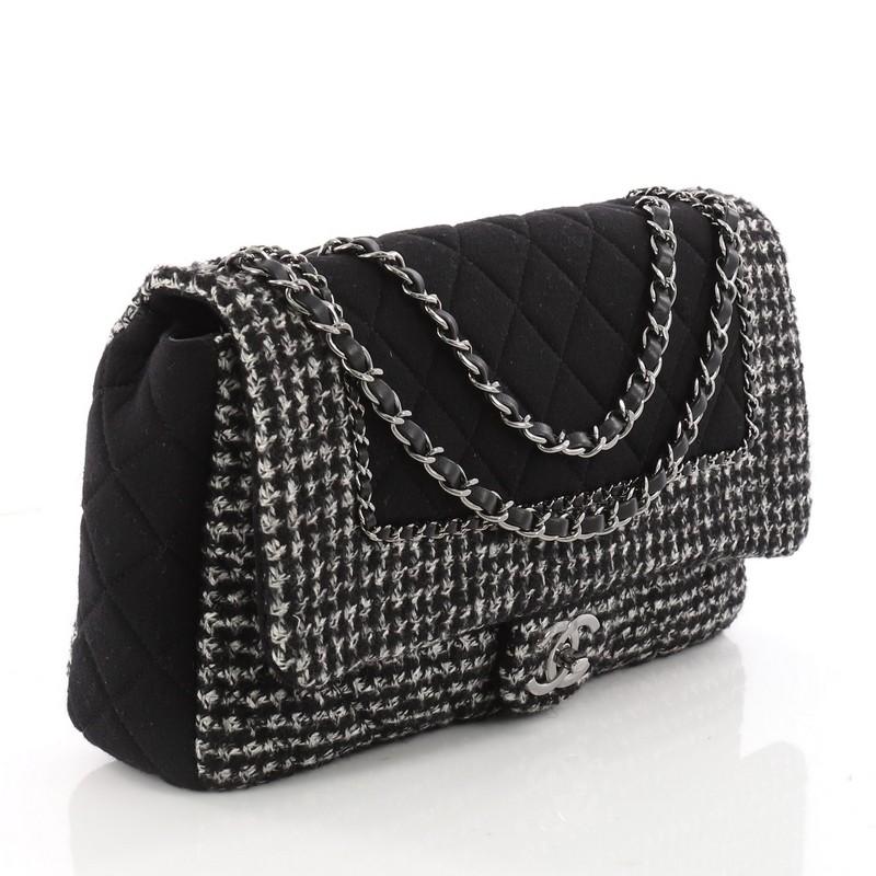 Black Chanel Flap with Chain Bag Quilted Tweed and Jersey Jumbo