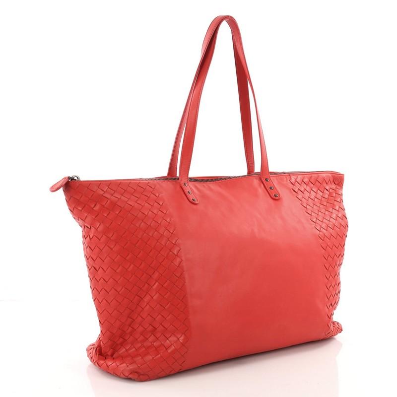 Red Bottega Veneta Zip Top Tote Leather with Intrecciato Detail Large