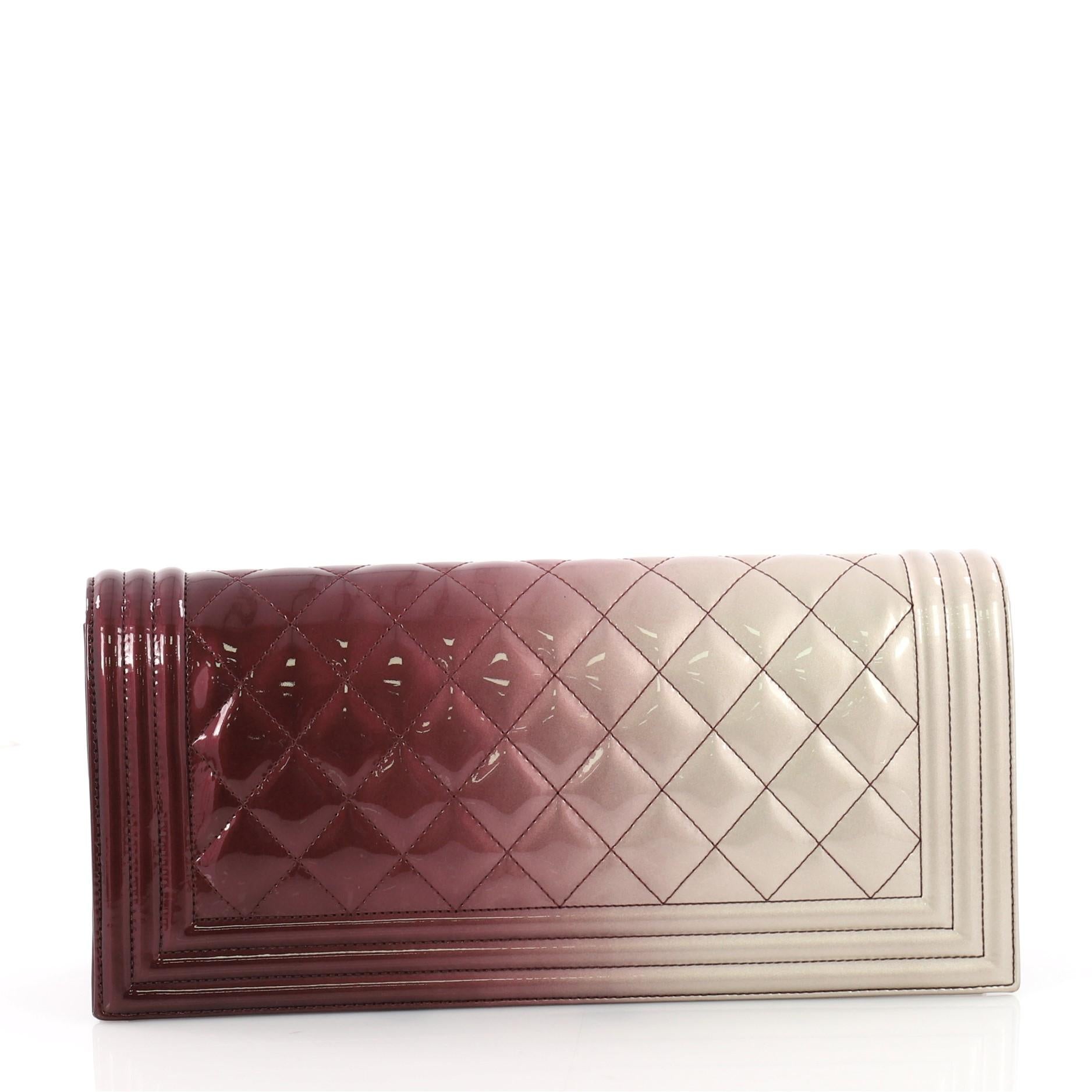 Brown Chanel Boy Flap Clutch Quilted Ombre Patent Small