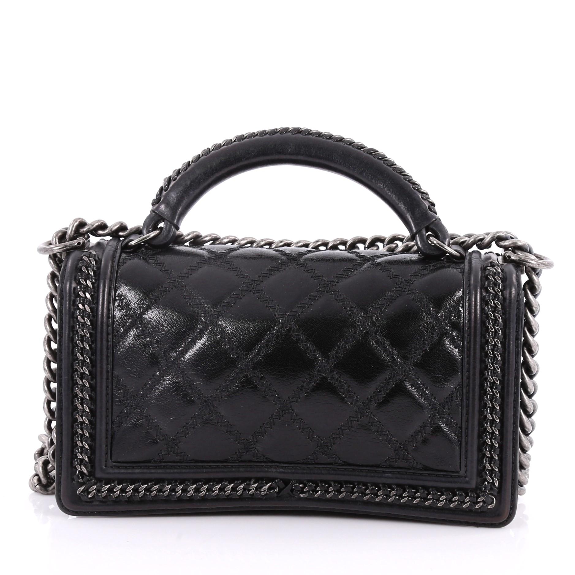 Black  Chanel Chain Handle Boy Flap Bag Quilted Glazed Calfskin Old Medium