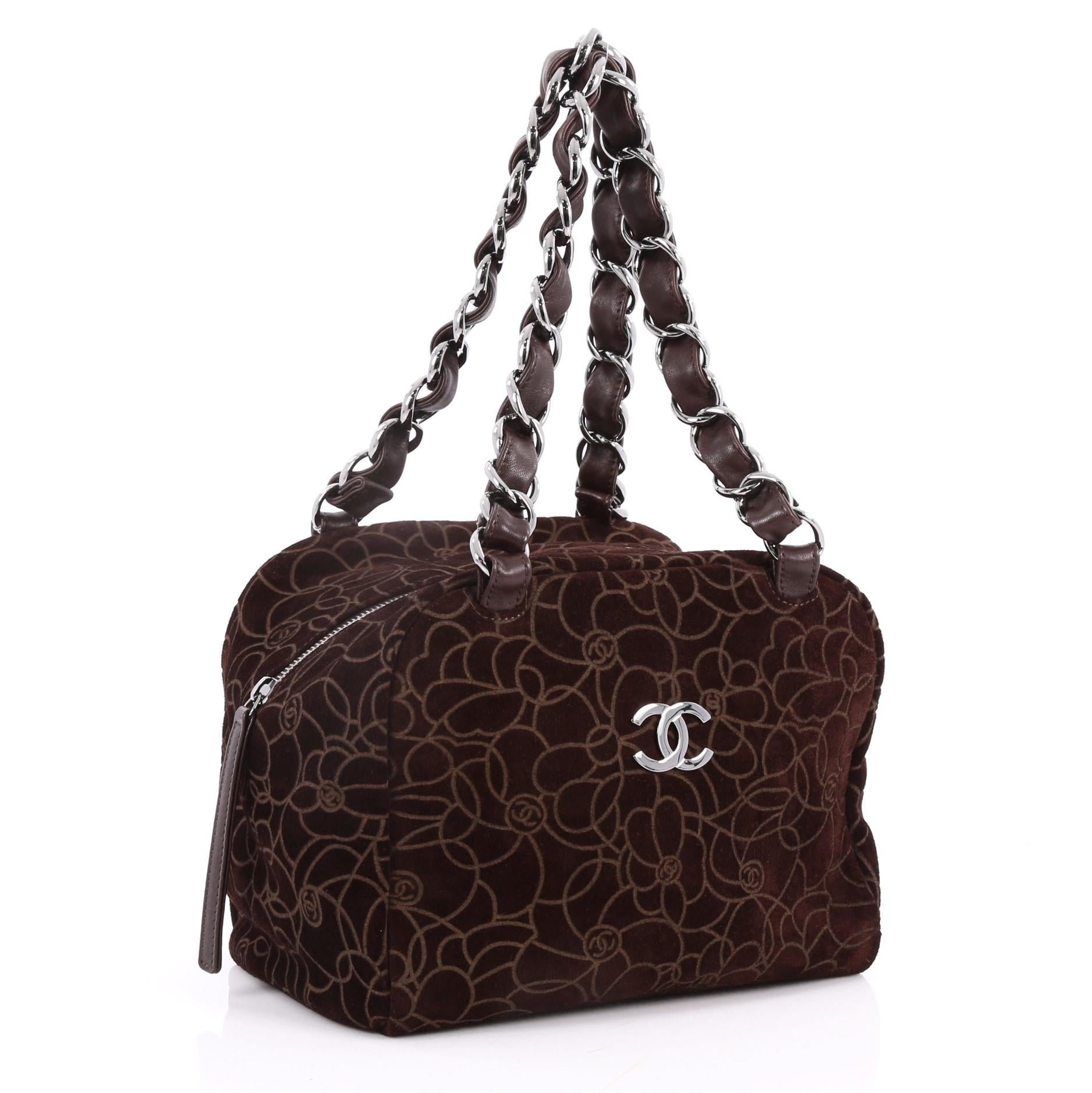 Black Chanel Vintage Camellia Bowling Bag Embossed Suede Small