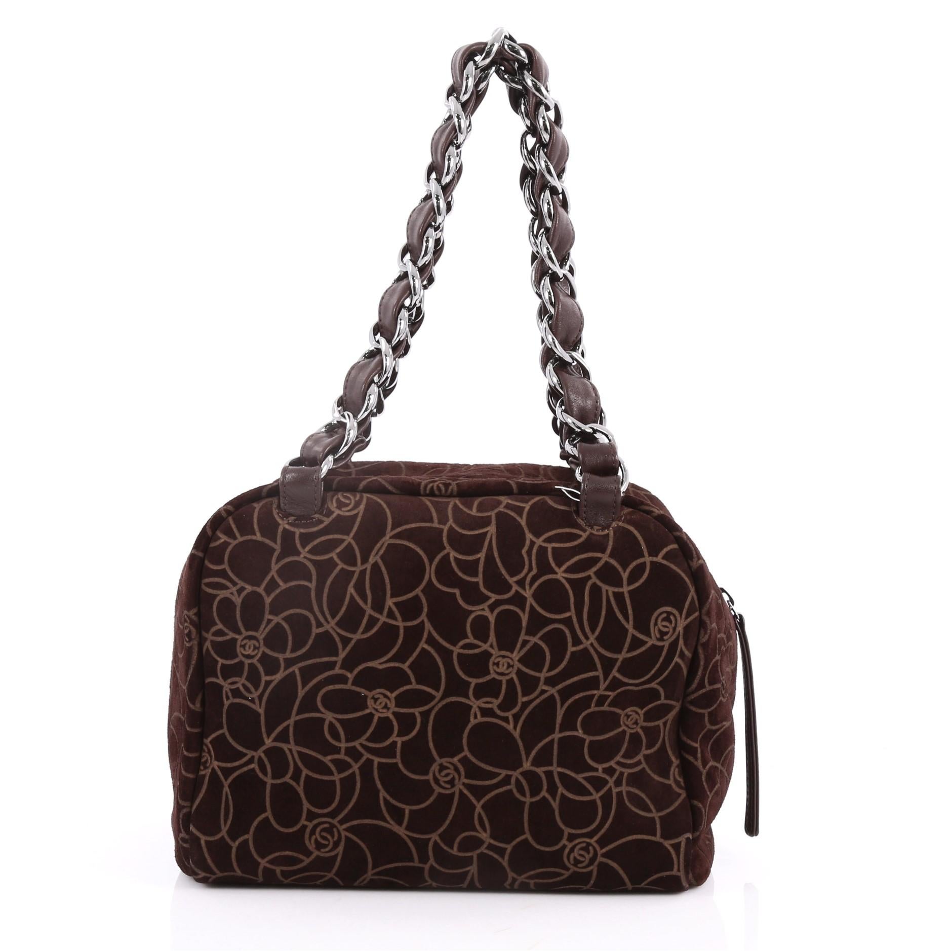 Chanel Vintage Camellia Bowling Bag Embossed Suede Small In Excellent Condition In NY, NY